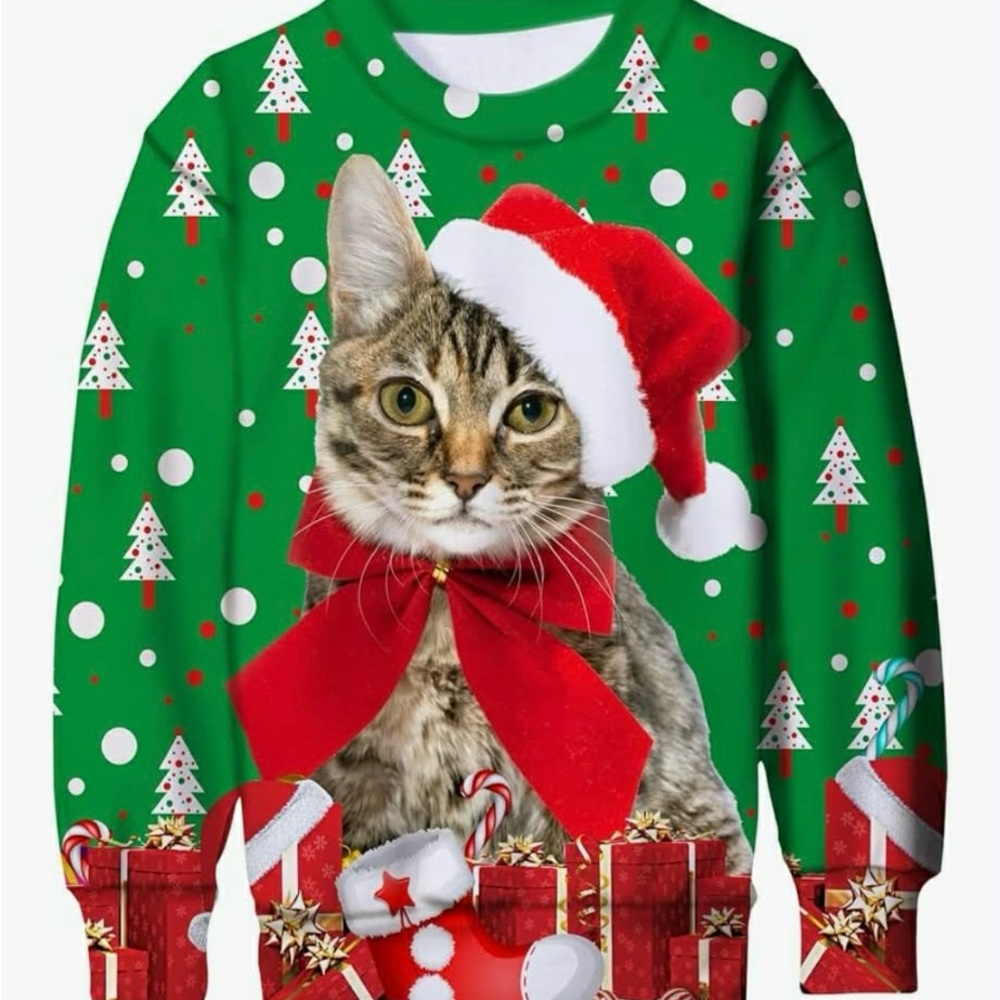 Festive Kids Cat Christmas Sweatshirt - Green